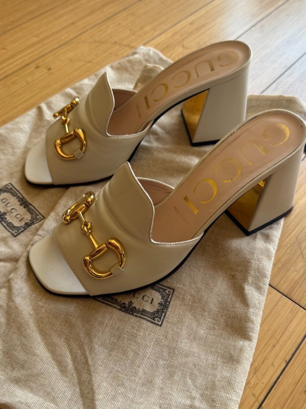Gucci Horsebit White Cream Leather Mule Block Heel Slide Sandals
